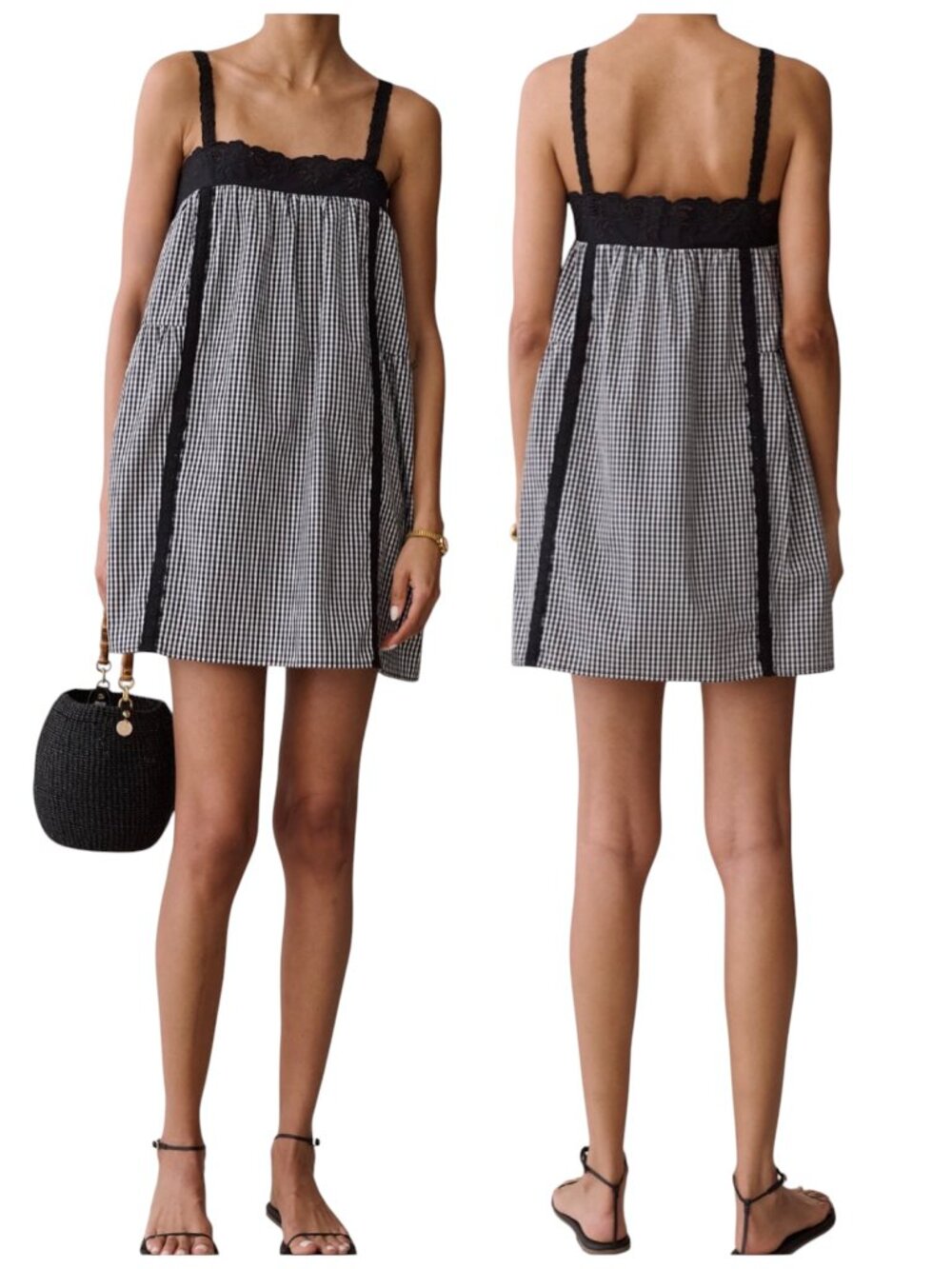Kourt Florence Black Gingham Cotton Babydoll Mini Dress NWT Medium